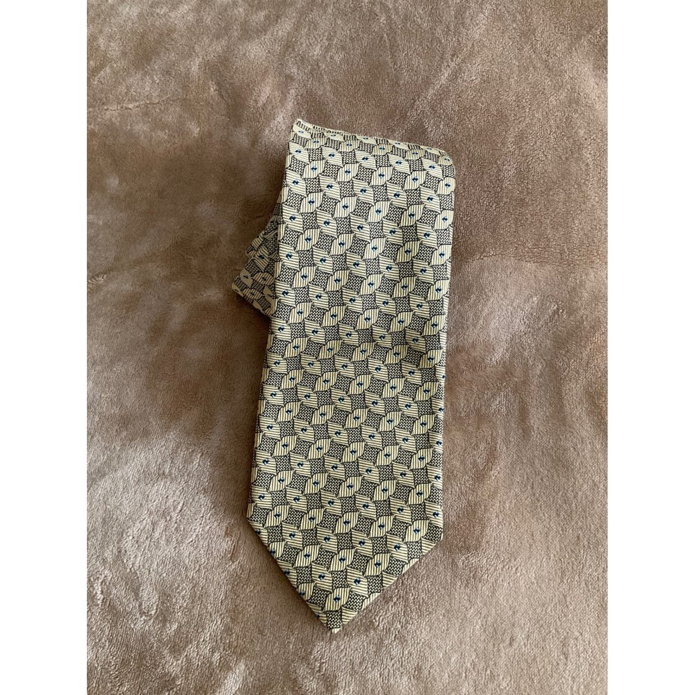 Mens Gold Geometric Diamond Silk Necktie Blue Black Woven Formal Business Tie
